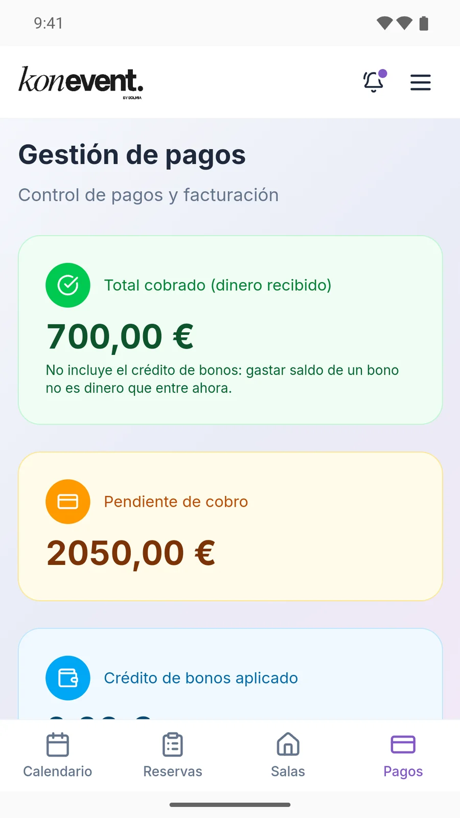 App de Konevent en un teléfono Android: pantalla Gestión de pagos con el total cobrado, lo pendiente de cobro y el crédito de bonos aplicado.