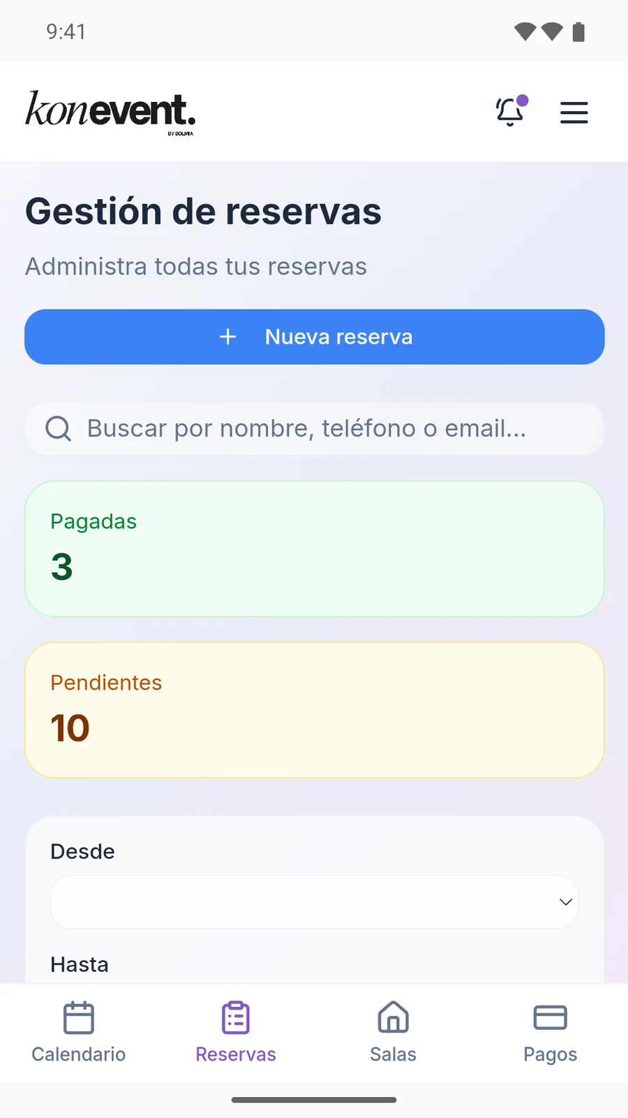 App de Konevent en un teléfono Android: pantalla Gestión de reservas con el botón Nueva reserva, el buscador y los contadores de reservas pagadas y pendientes.