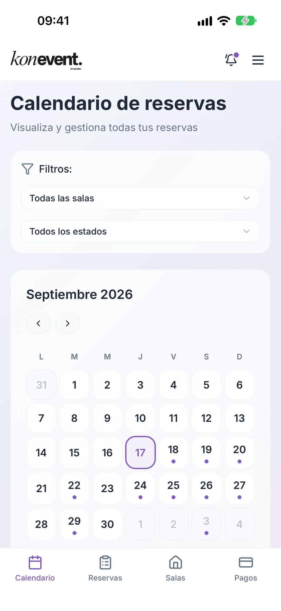 App de Konevent en un iPhone: pantalla Calendario de reservas con los filtros de sala y estado y el mes de septiembre, con puntos en los días que tienen reservas.