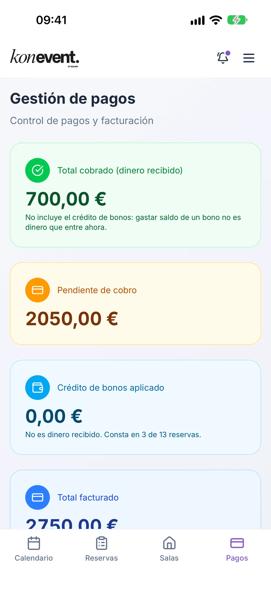 App de Konevent en un iPhone: pantalla Gestión de pagos con el total cobrado, lo pendiente de cobro y el crédito de bonos aplicado.