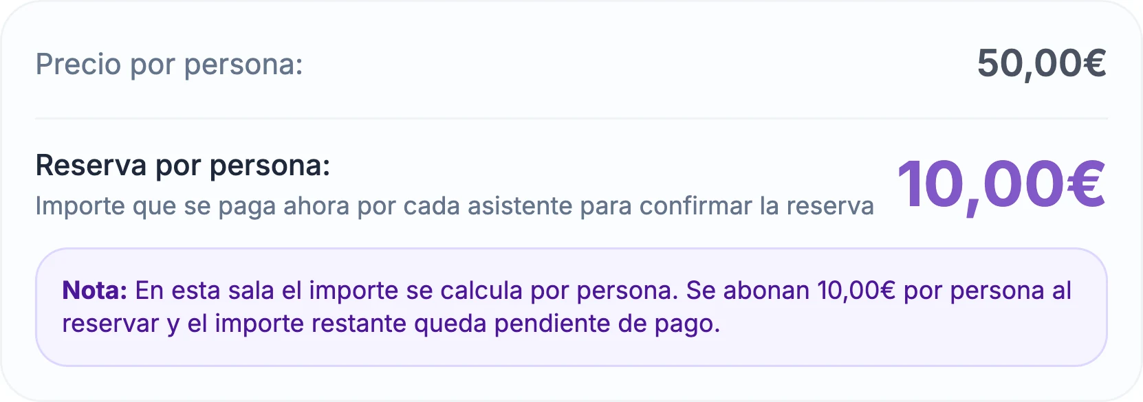 Resumen del widget de Konevent: precio por persona 50,00 €, reserva por persona 10,00 € que se paga ahora por cada asistente para confirmar la reserva, y una nota que explica que en esa sala el importe se calcula por persona y que el importe restante queda pendiente de pago.