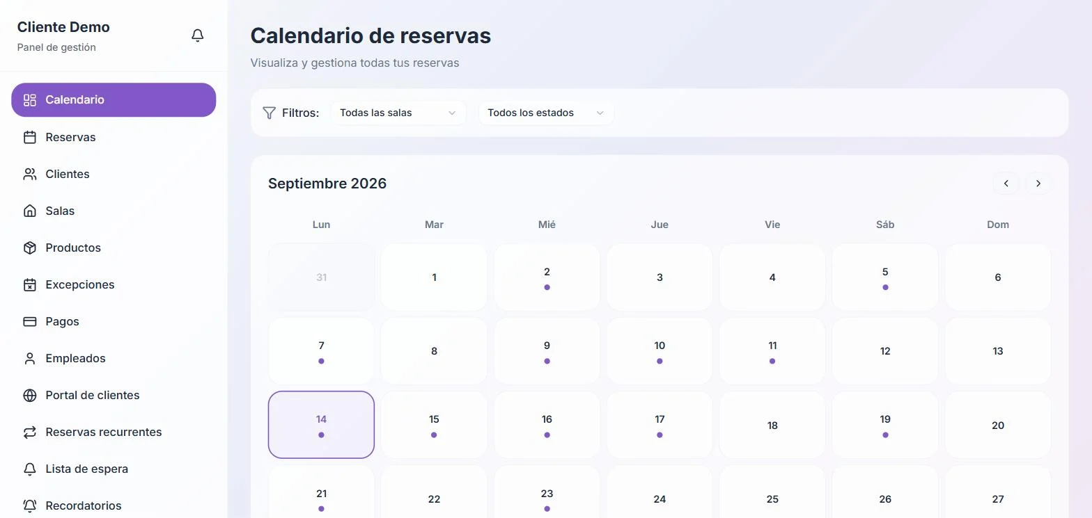 Calendario de reservas en el panel de Konevent