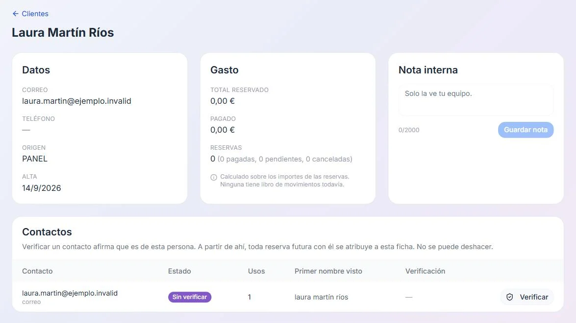 Ficha de cliente con historial de reservas