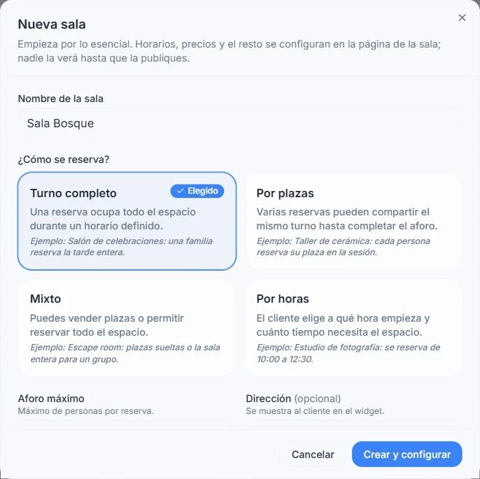 Alta de una sala nueva con los cuatro modelos de reserva