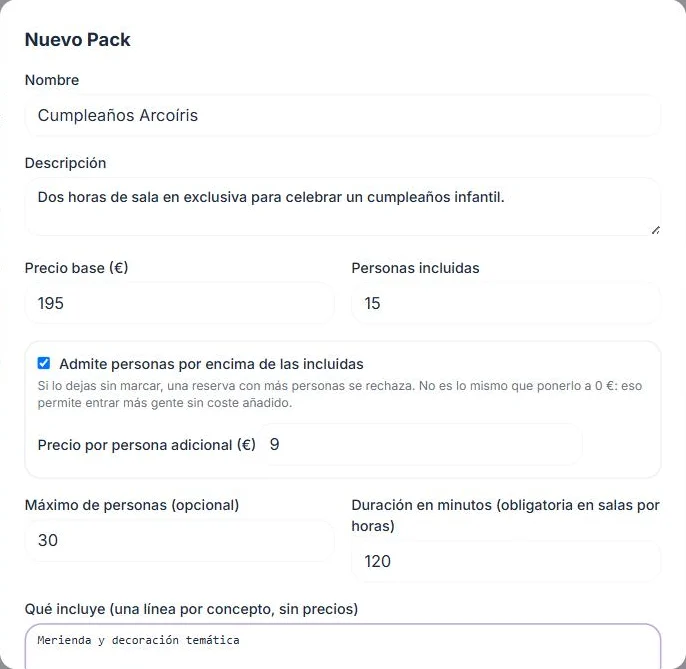 Listado y edición de packs