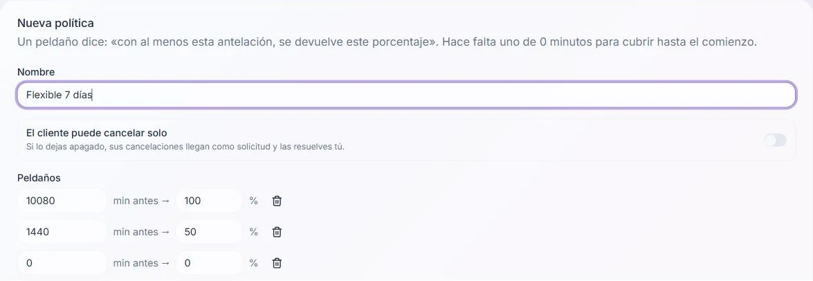 Política de cancelación con tramos por antelación