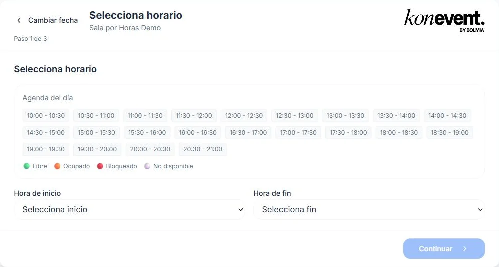 Widget de reservas de una sala Por horas