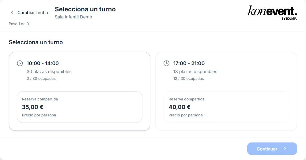 Widget de reservas de una sala Por plazas