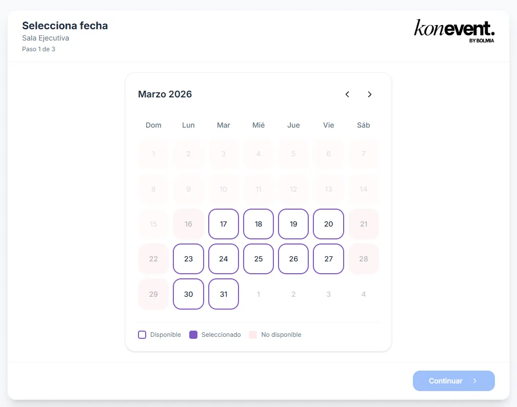 Vista previa del calendario de Konevent para una sala
