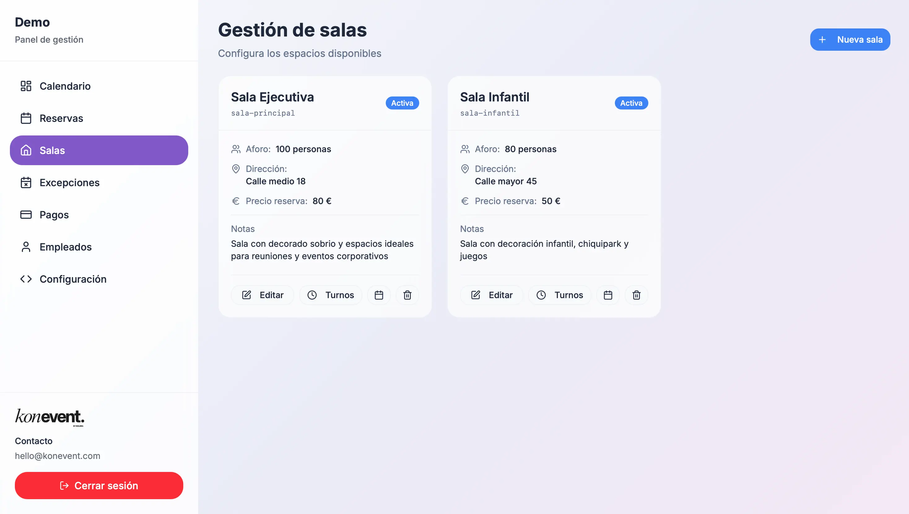 Gestión de salas - Konevent