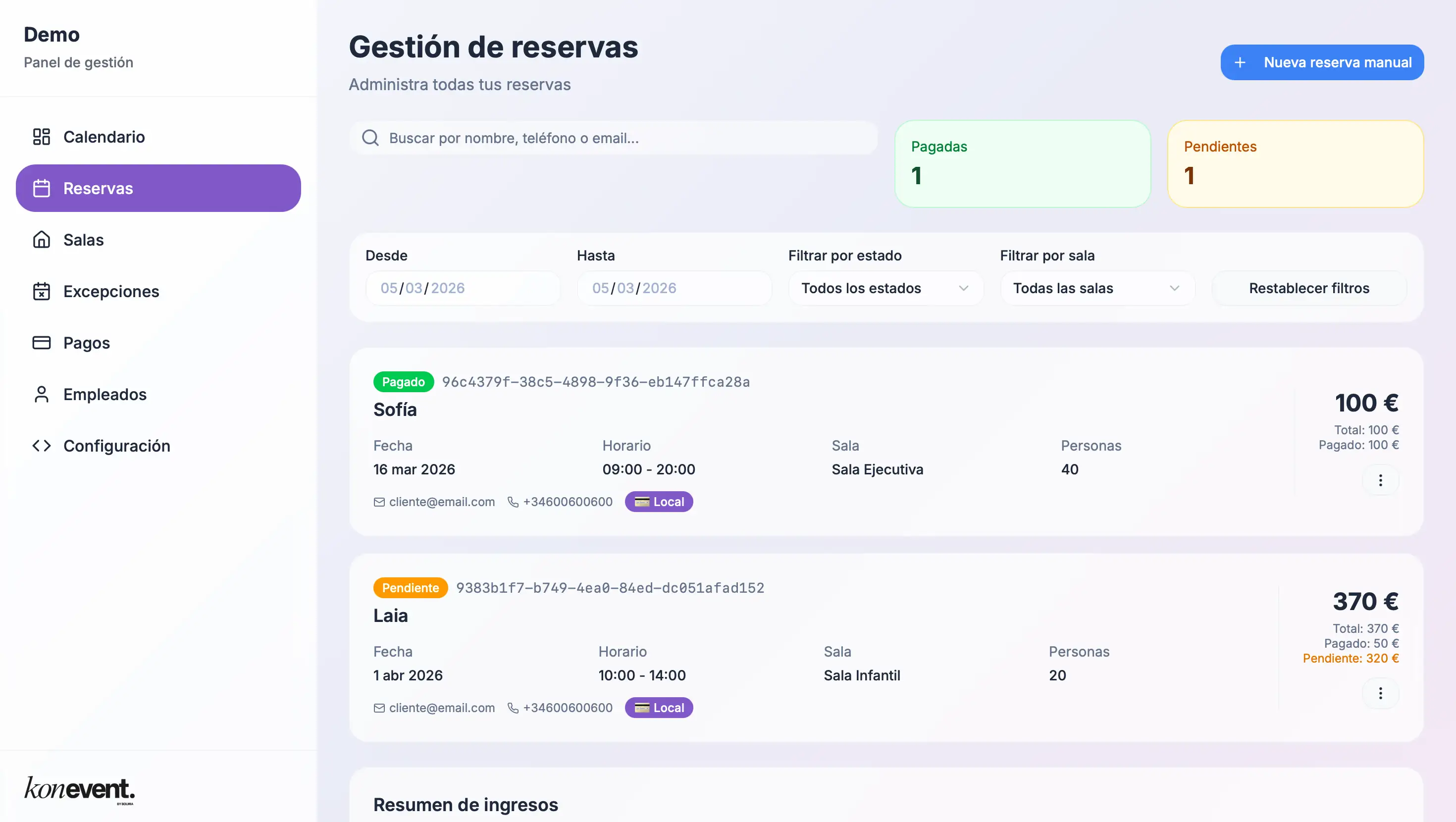 Gestión de reservas - Konevent