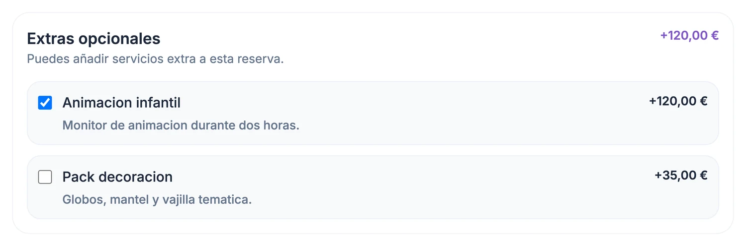 Extras opcionales en el widget de Konevent: animación infantil por 120,00 € marcada y pack de decoración por 35,00 € sin marcar.