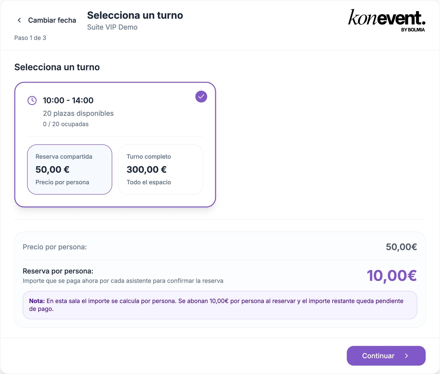 El widget de Konevent en una sala mixta: un turno de 10:00 a 14:00 con 20 plazas disponibles que ofrece plazas sueltas a 50,00 € por persona y el turno completo por 300,00 €, con el resumen de lo que se paga al reservar.