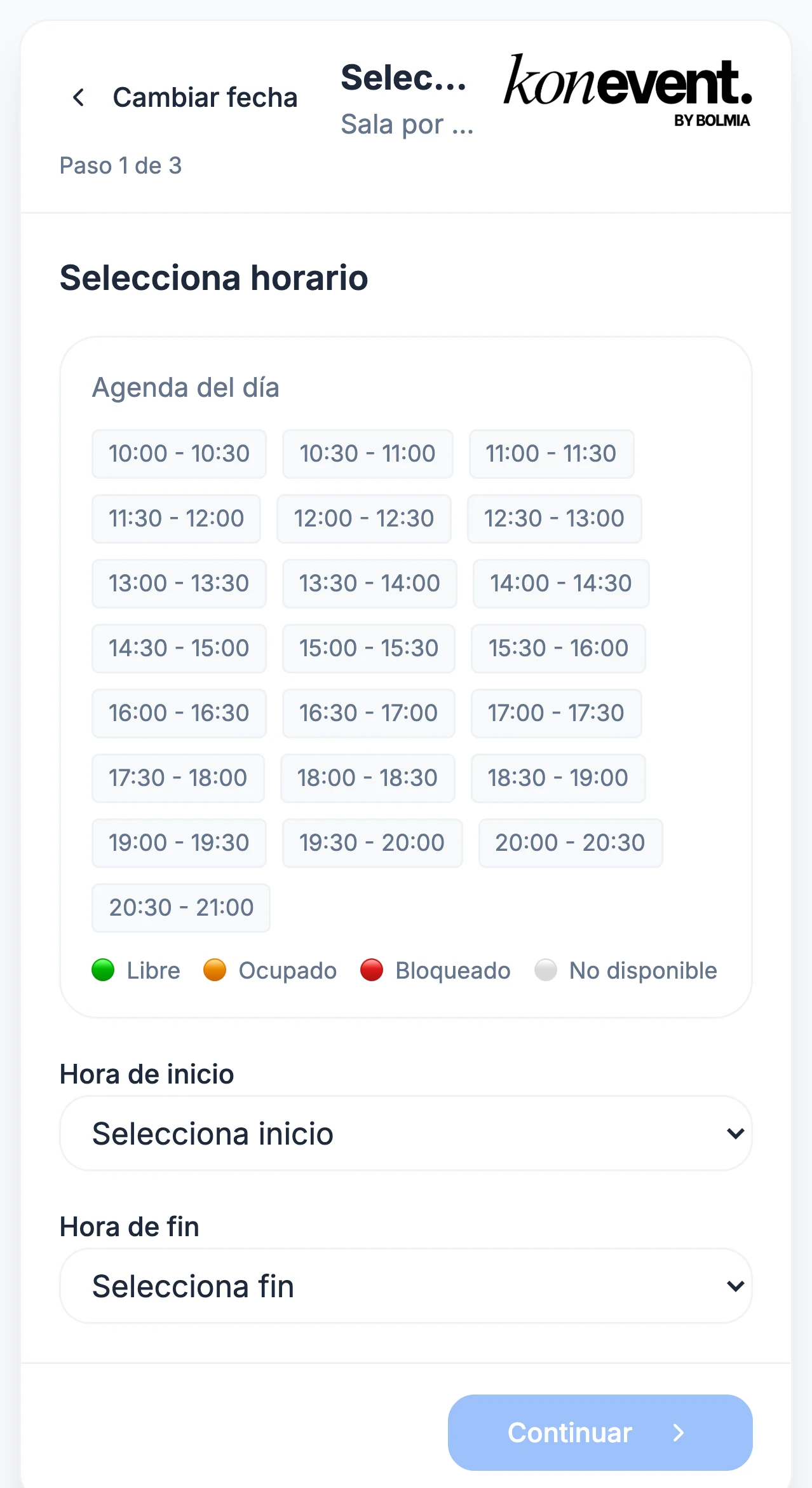 El widget de reservas de Konevent en un teléfono: la agenda del día de una sala por horas, en franjas de media hora de 10:00 a 21:00 con su leyenda de libre, ocupado, bloqueado y no disponible, y los selectores de hora de inicio y de fin.