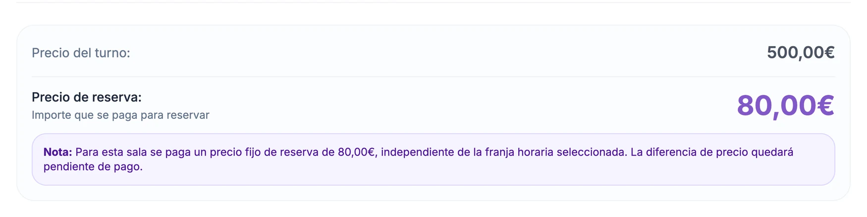Bloque de importes del widget de Konevent: precio del turno 500,00 €, precio de reserva 80,00 € y una nota que avisa de que la diferencia de precio quedará pendiente de pago.